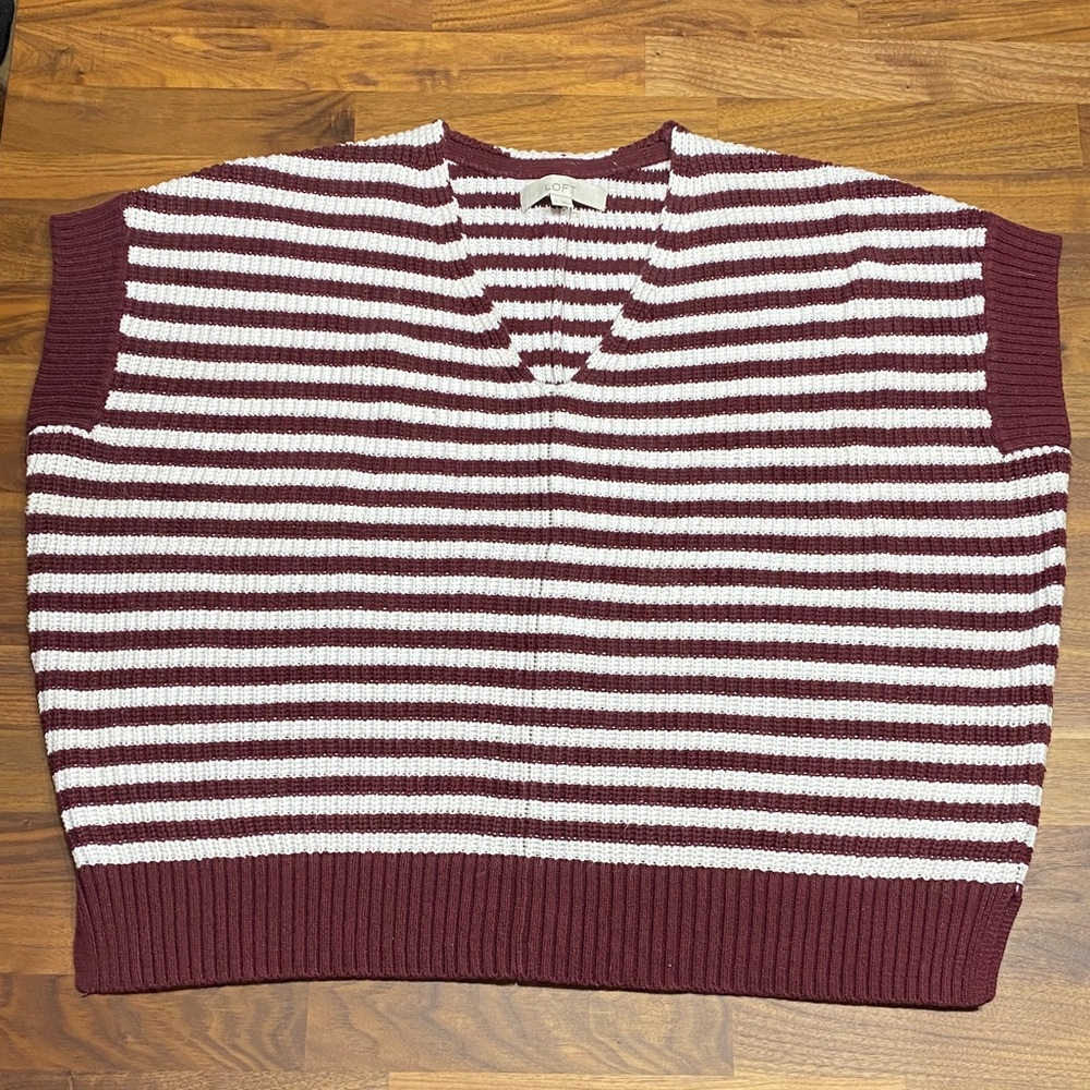 LOFT Burgundy and White Striped V-Neck Loose Fit Sweater Vest